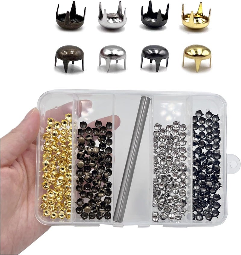 honigo 400pcs Nailheads Round Dome Studs Rivets Mixed Color Metal Solid Brass 6mm 4 Prongs Spikes Spots for Leather Craft Clothes Belt Bag Shoes Decorations Totes DIY Craft Gold Silver Gun Bronze - Image 1